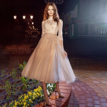 Элегантные Кружевные Платья для выпускного вечера длиной до чая для женщин, Вечернее платье с высоким воротником 